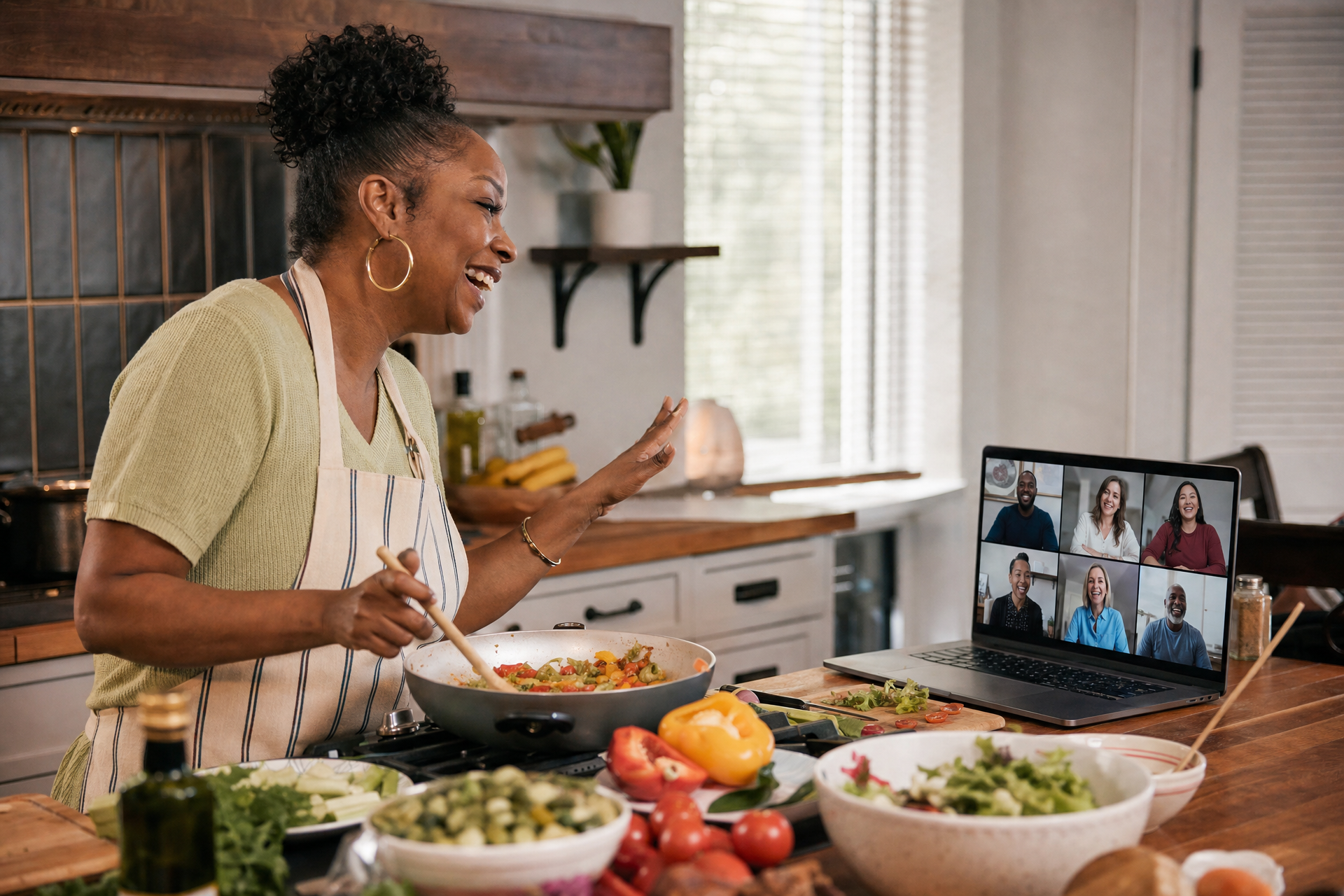 A believer cooking at home while connecting live with believers around the world.