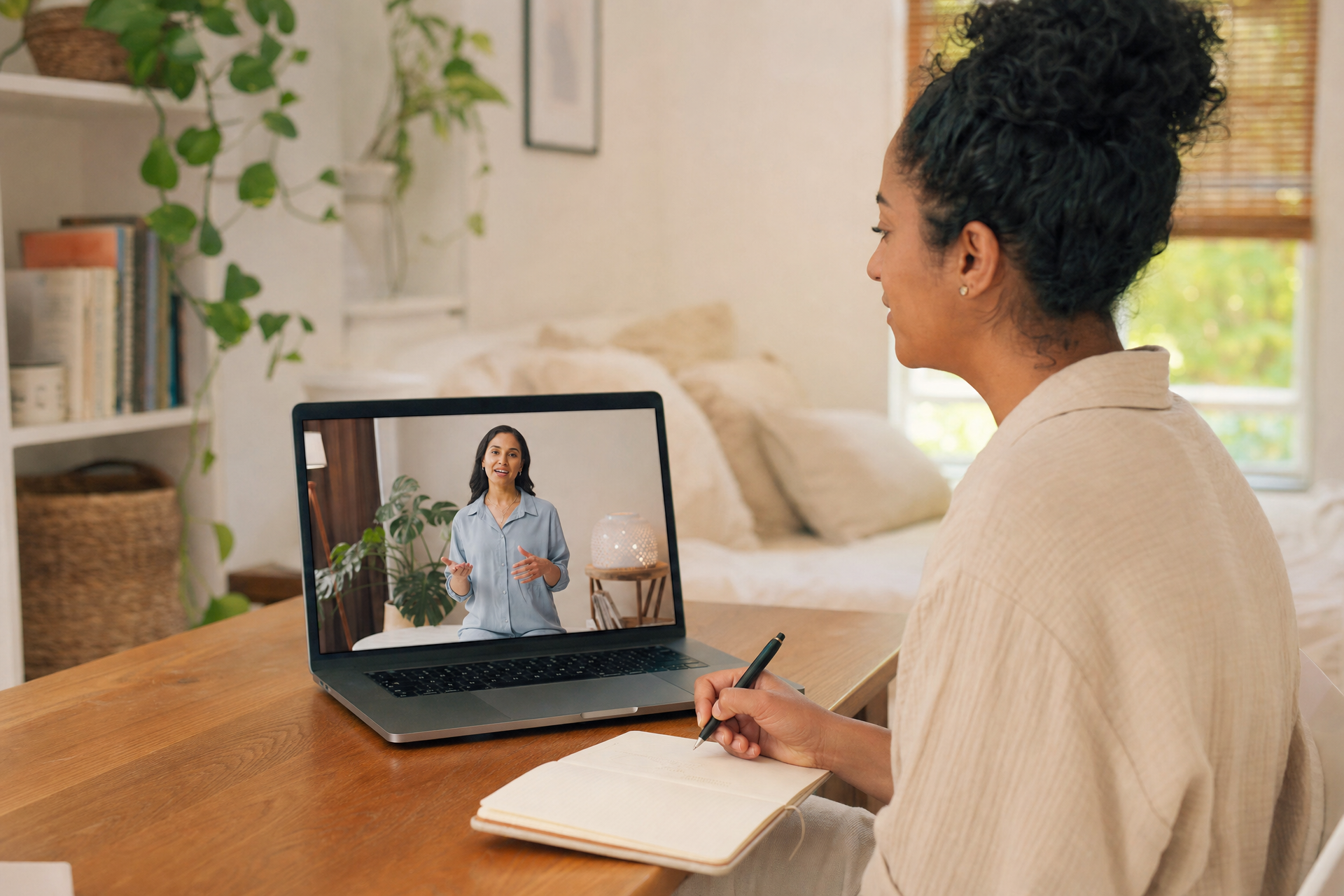 A believer participating attentively in an online faith-centered masterclass.