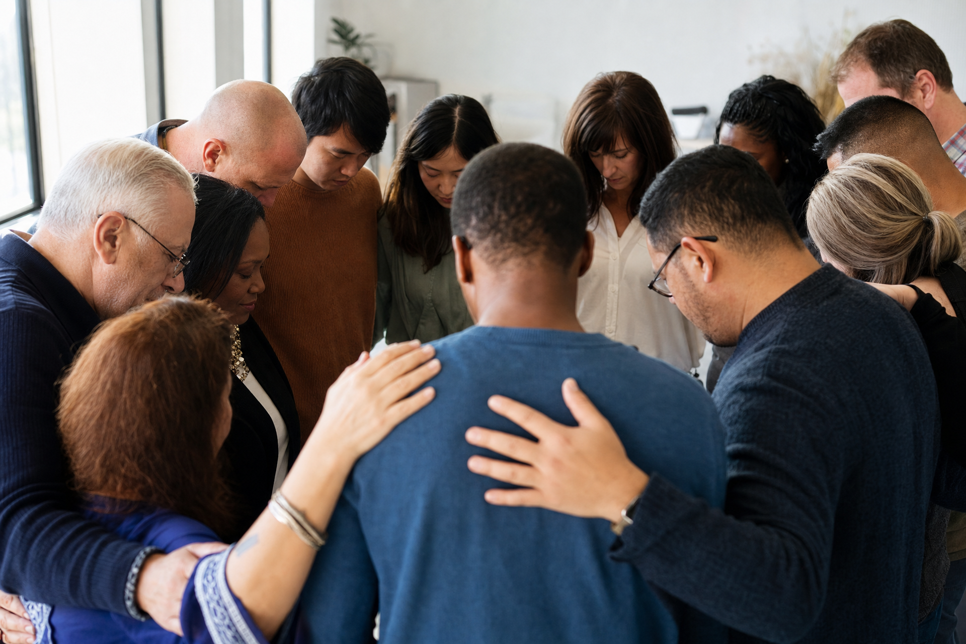 A diverse international group of believers praying together.