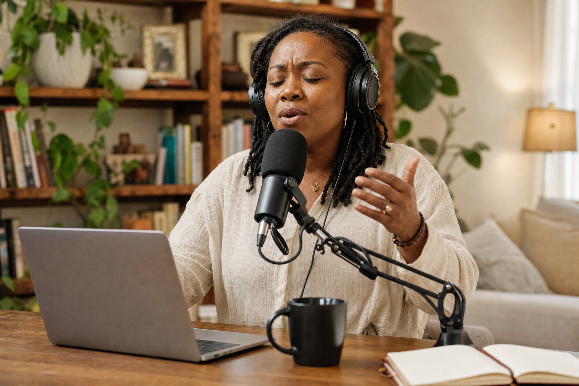 A believer recording meaningful audio in a home voice studio.