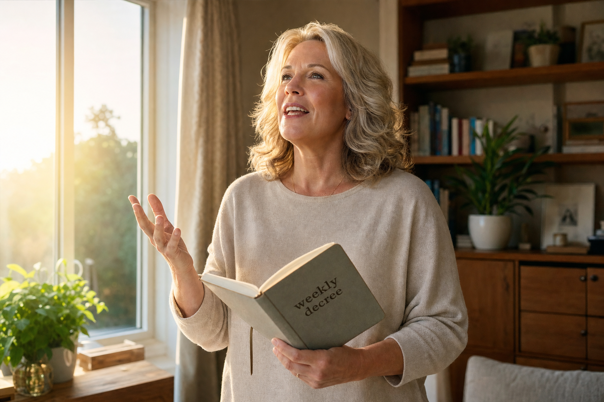 A woman confidently speaking a weekly faith-filled decree.